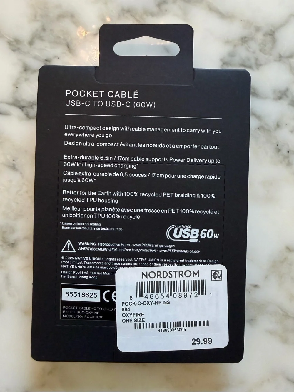 NWT Native Union Pocket Cable USB-C to USB-C 60W Fast Charging Keychain Cable
